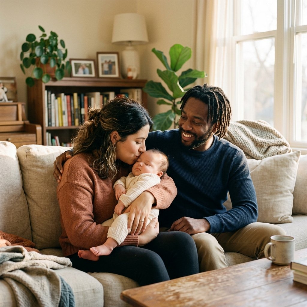 Família diversa com bebê — amor e cuidado na maternidade